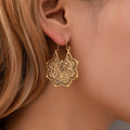 Exotic vintage metal openwork flower earrings, Bohemian carved court style earrings