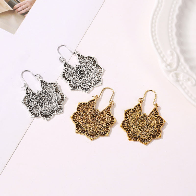 Exotic vintage metal openwork flower earrings, Bohemian carved court style earrings