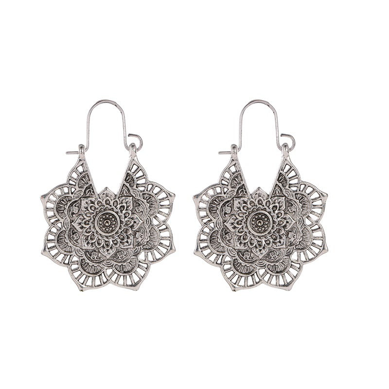 Exotic vintage metal openwork flower earrings, Bohemian carved court style earrings
