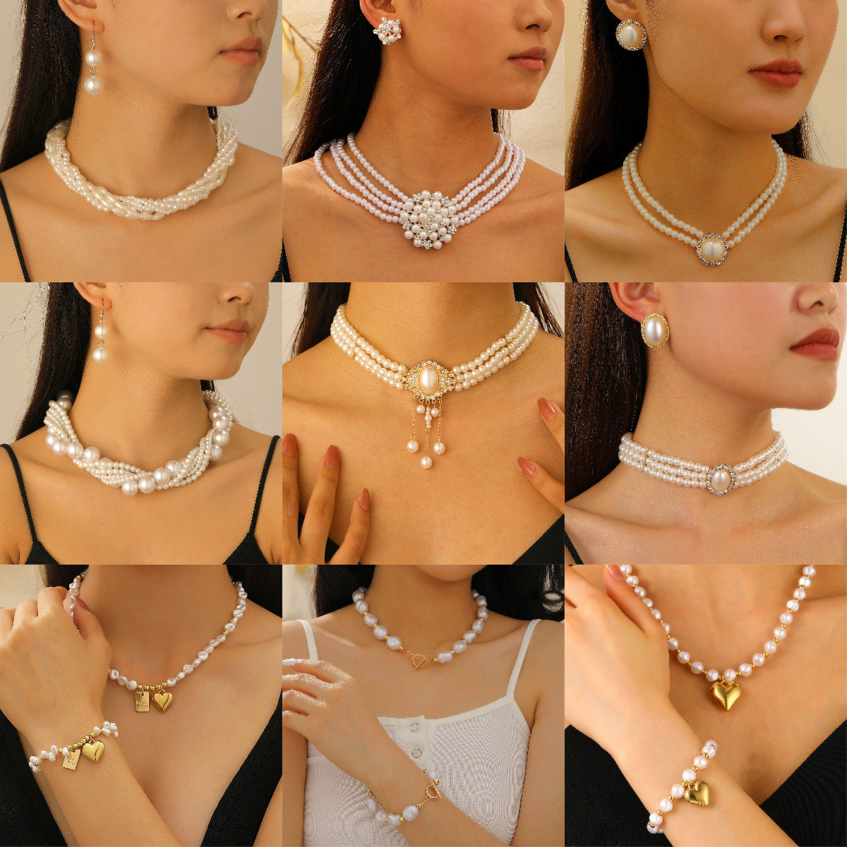 Multi-layered pearl jewelry set for women, featuring a trendy European and American style, with a V-shaped choker, bracelet, necklace, and earring design.