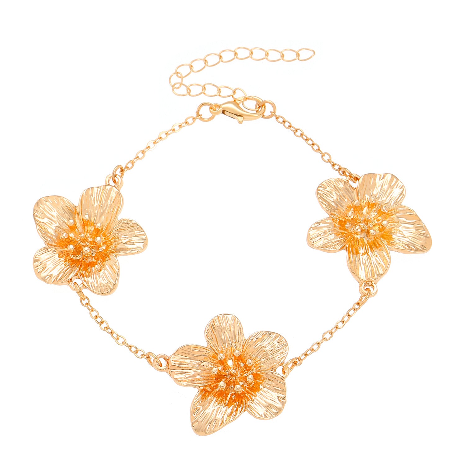 Women's set featuring pleated textured floral earrings, necklace, bracelet, anklet, ring, and bangle.